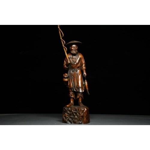 9" China Lucky Seikos Boxwood Fisherman statue Old man fishing wood carving Implication More than every year