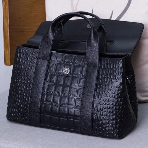 Genuine Leather Cowhide Bag Women Fashion Black Crocodile Pattern Handbags High Capacity Office Crossbody Shoulder Bag Female