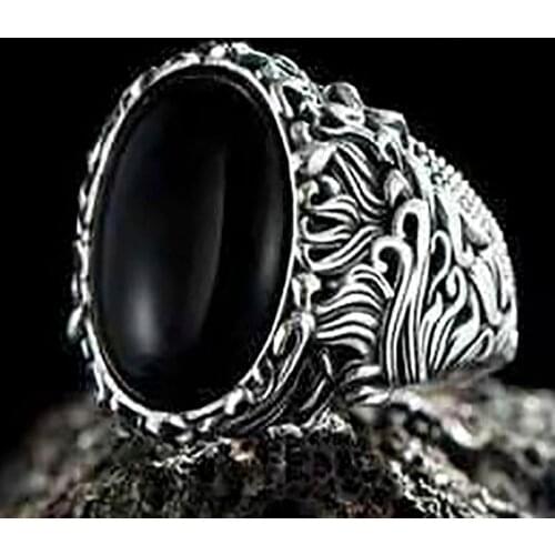 Unique Silver Color Engraving Pattern Black Oval Crystal Rhinestone Zircon Male Ring for Men Party Jewelry Accessories