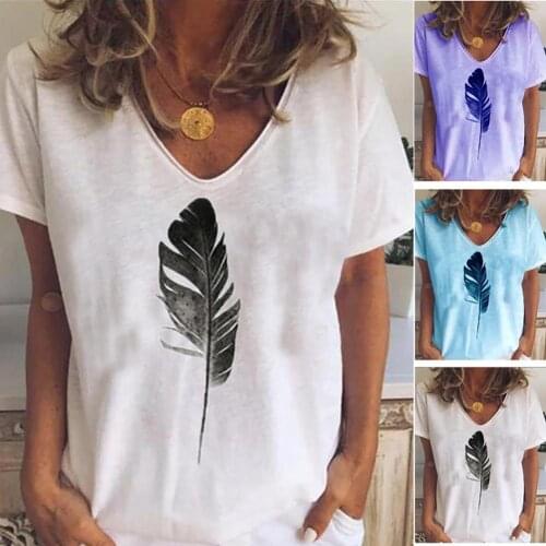 Fashion Women Summer Loose Top Short Sleeve V Neck Feather Print Loose Blouse T-shirt Female Top Plus Size M-3XL