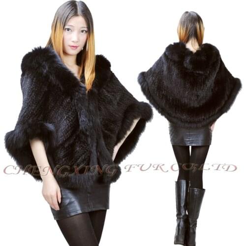 CX-B-M-99B Women Cape Real Mink Fur Knitted Shawl With Fox Trim ~ DROP SHIPPING