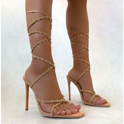 Summer Sexy Ankle Metal Cross Strap Sandal Women Peep Toe High Heels Dress Party Shoes 2021 Square Toe Ladies Pumps Female