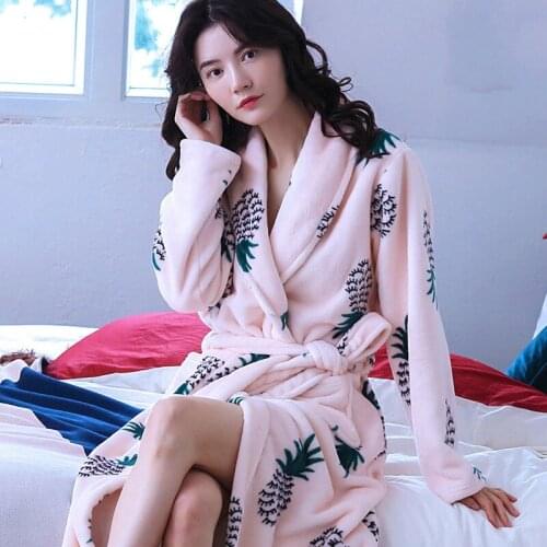 H5919 Women Robes Autumn Winter Sweet Warm Thick Nightgown Female Coral Fleece Long Sleeve Flannel Comfortable Bathrobe Homewear