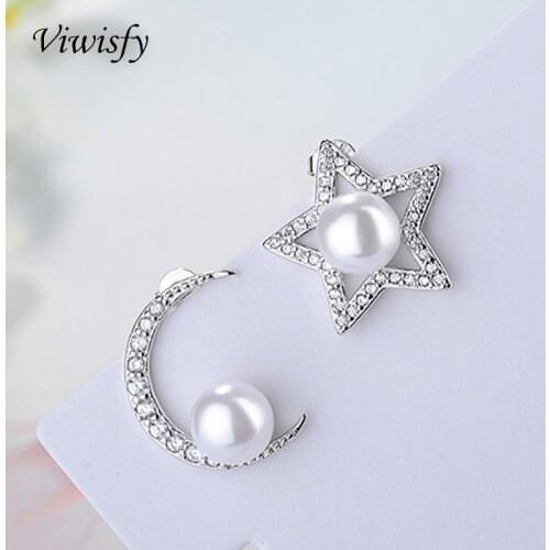 Viwisfy Luxury Crystal Pearl Wedding Jewelry Stud Cute Star Moon Real 925 Sterling Silver Earrings For Women VW21068