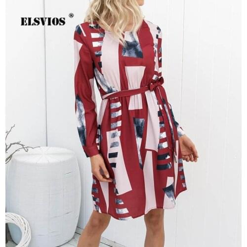 ELSVIOS Fashion Geometric Printing beach dress women 2019 spring long sleeve O-neck dress Elegant Ladies office belt dresses