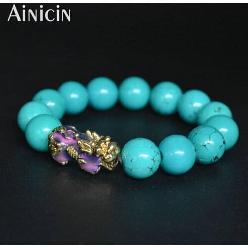 1pc 12mm Blue Howlite Round Beads 8'' Pixiu Stretch Bracelets For Men and Women Lucky Party Jewelry