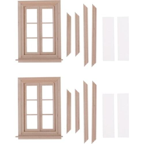 2 Set Unpainted 1/12 Dolls House Miniature Wooden Movable 6 Pane Double Window Model DIY Accessories Collections