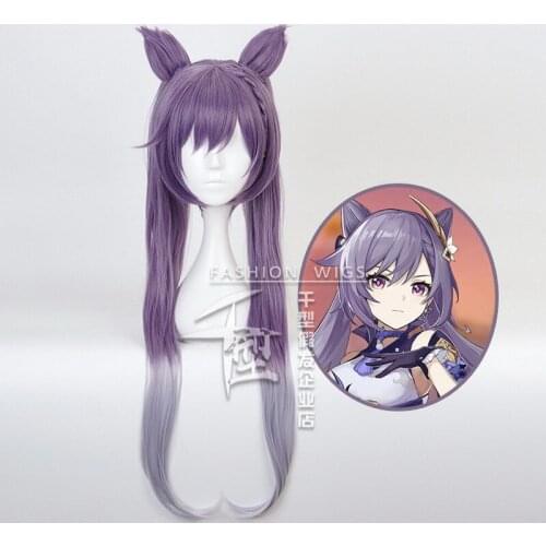Anime Genshin Impact Keqing Purple Cosplay Wig With Ears Heat Resistant Synthetic Hair Halloween Costume Party Wigs Ponytails
