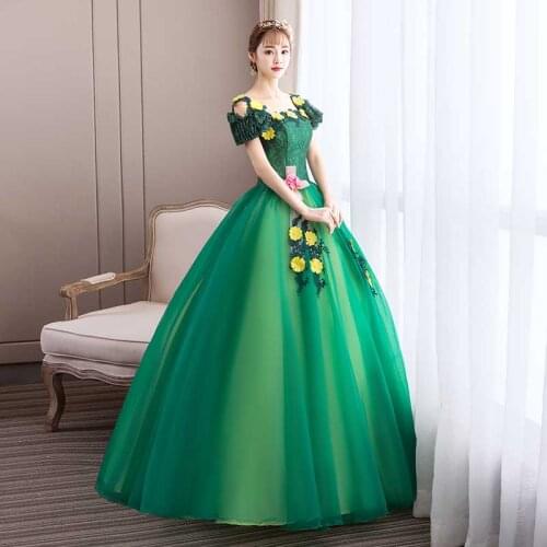 Free ship green flowers fairy garden ball gown medieval dress Renaissance queen Victorian cosplay ball gown Belle Ball
