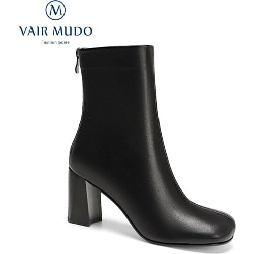 VAIR MUDO High Heels Boots Shoes Genuine Leather Black Brown White Concise Spring Autumn Adult Sewing Square Toe Boots WM-X47