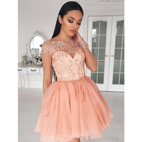 Elegant Short Cocktail Dresses A-Line Scoop Above Knee, Mini Organza Cocktai Evening Gowns With Applique