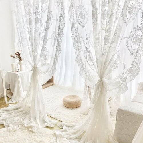Europe Retro Ruffles White Lace Curtains for Living Room Bedroom Embroidery шторы Lotus Leaf Edge Rococo Cortinas free ship