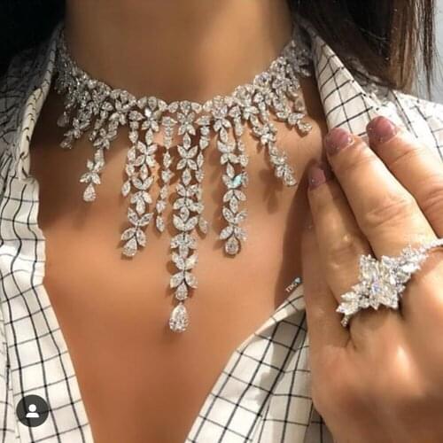 HIBRIDE Luxury Women Jewelry Elegant Shape Bridal CZ Necklace Ring 2pcs Big Wedding Jewelry Sets for Bridal N-1028