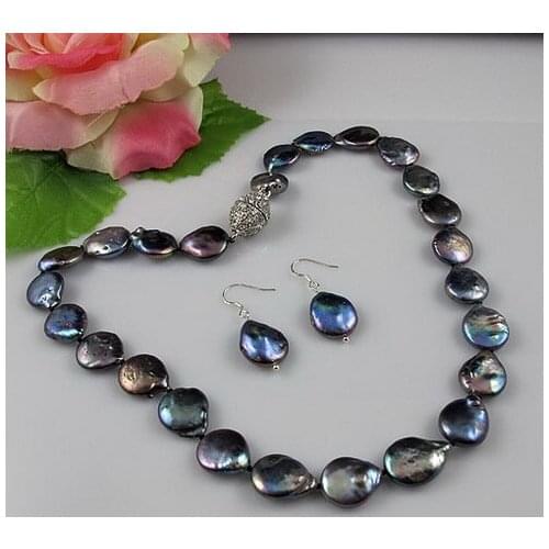 Perfect Coin Pearl Necklace earrings jewellery set 13-14mm Black Freshwater Pearls Rhinestone Magnet Clasp New Free Shippng