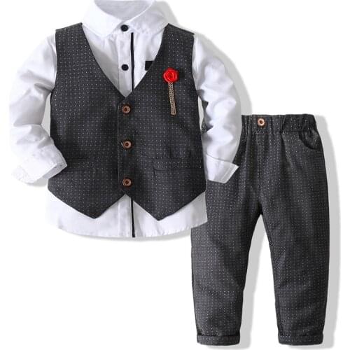 Kimocat Boy Gentleman Suit, Spring And Autumn Long-Sleeved Shirt + Vest + Trousers, Childrens Holiday Party Costume 2-7 Years