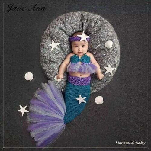 Jane Z Ann Newborn photography props mermaid costume headband +bra+tail handmade cotton yarn knitting outfits new arrival