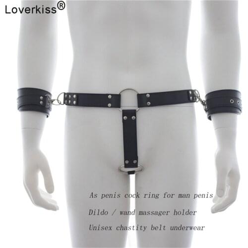 Loverkiss Unisex Man Female Chastity Belt with Handcuffs Bdsm Set Flirt Bondage Dress,Penis Cock Ring / Dildo Vibrator Holder