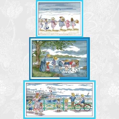 Joy Sunday Chinese Cross stitch kits Friends playing together DMC 14CT 11CT Printed Fabric Home Decor Painting Wholesale