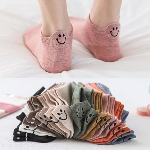 Smile Embroid Heel Protector Solid Color Ankle Socks Women Cotton Cute Girls Students White Non Slip Low Cut Socks Loafer Socks