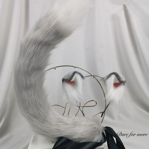 New Handmade Work Gray Dog Ears Fold Style Tail Hairhoop Hairbands Headband Headwear Set Cosplay Costume Accessories