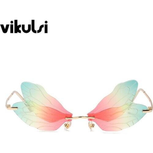 Colorful Dragonfly Wings Sunglasses Luxury Rimless Double Lens Sun Glasses For Women Narrow Small Cat Eye Shades Oculos UV400
