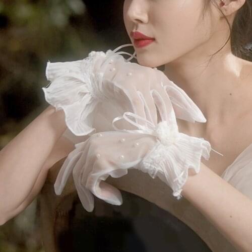 Transparent Sheer Tulle Gloves Women Ivory Gloves Full Finger Pearl Beaded Bridal Gloves Mittens Wedding Party Dress Gloves