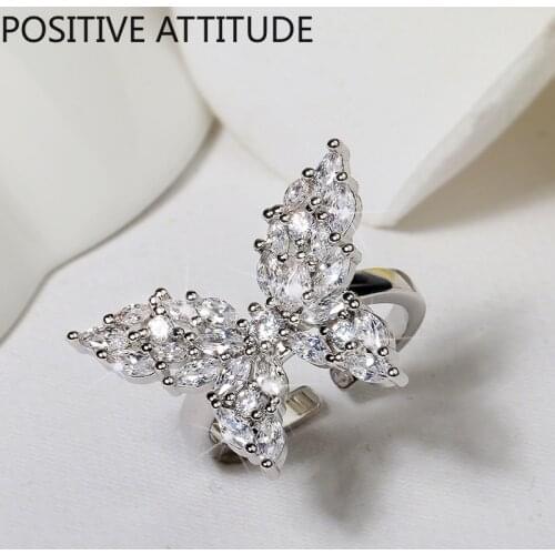 Japan and South Korea butterfly white shiny CZ adjustable female ring wedding Valentines Day gift jewelry