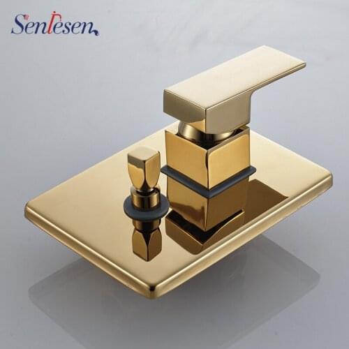 Senlesen Two Way Valve Mixer Shower Square Brass Shower Faucet Control Valve Wall Mounted Valve Golden