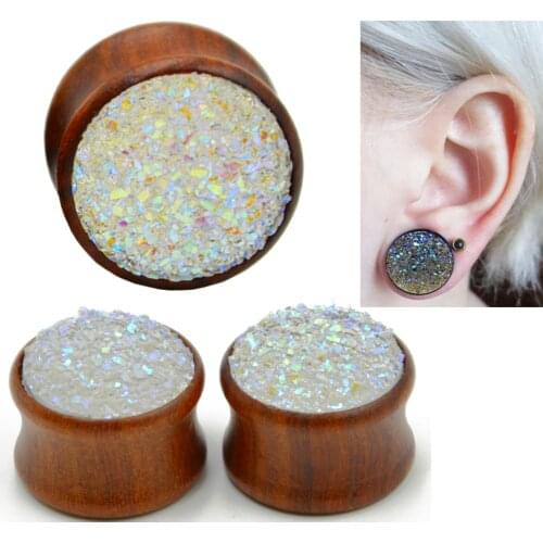 Showlove-2Pcs Rose Wood Ear Piericng with Synthetic DruzySaddle Plug Flesh Tunnel Expander Double Flared Gauge earings Jewelry