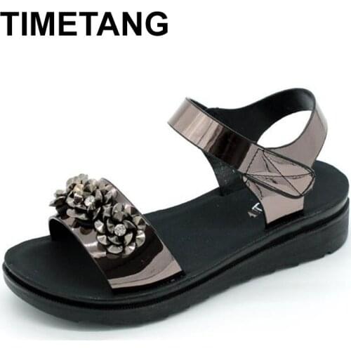 TIMETANG 2020Summer New Fashion Woman Sandals Mother Large Size Flat Leather Sandals Slip Comfort Elderly Soft Bottom Sandals