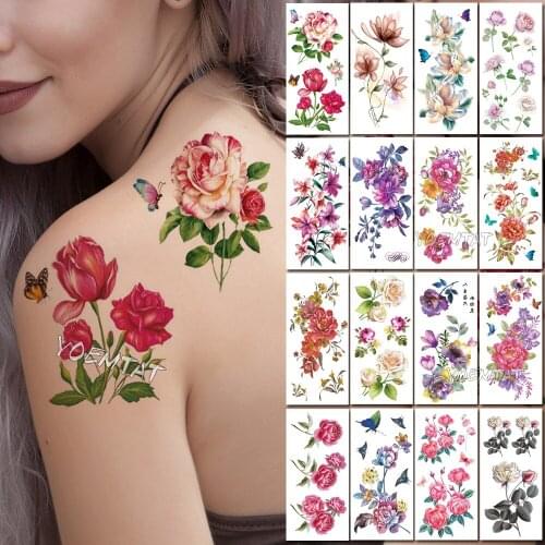 Vibrant Deep Red Rose Temporary Tattoos for Women Tattoo Sticker 3D Gradient Flower Body Chest Neck Art Waterproof Fake Tato