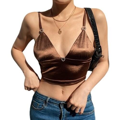 Woman Sleeveless Satin Crop Vest Solid Color Heart Shaped diamond Backless V Neck Tank S-L 3Color HT01639