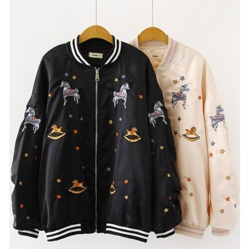 Embroidery Bomber Jacket Women Clothing Zipper Plus Size Loose Streetwear Coats Casual Baseball Uniform Jackets Ladies Outwear