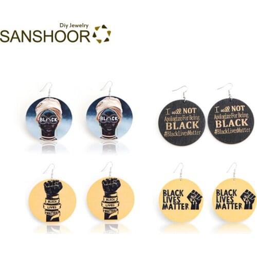 SANSHOOR Mixed Designs Printing Black Lives Matter Words Afro Wood Earrings For Women 6Pairs