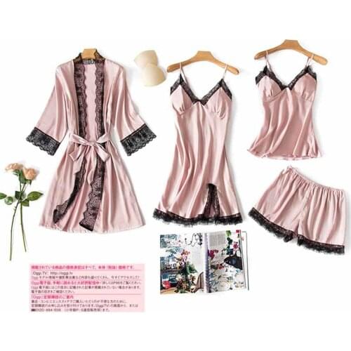 Women 4 Pieces Silk Satin Nightwear Sets Solid Color Long Sleeve Night-Robe+V-Neck Sleeveless Dress+Tank Top+Shorts Lace Suits