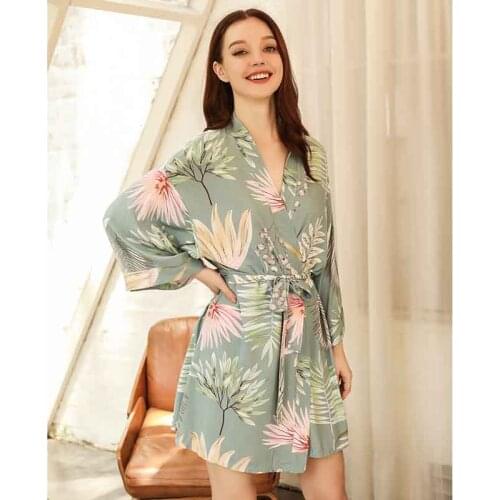 2020 Spring New Ladies Soft Loose Robe Simple Style Floral Printed Women Elegant Comfort Sexy V-Neck Knee Length Sleep Dress