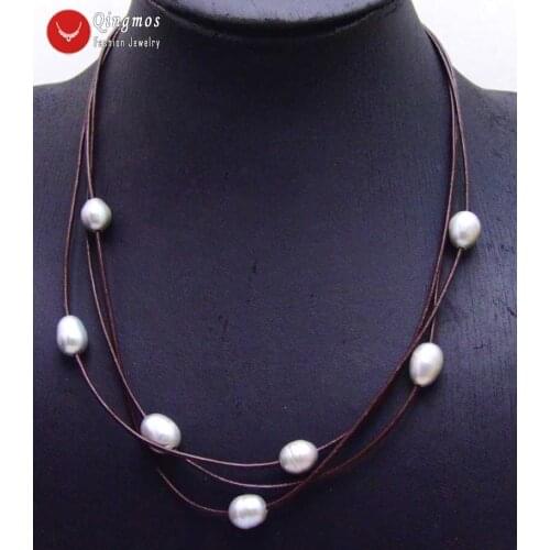 Qingmos 10-11mm Natural Gray Pearl Necklace for Women with 10-11mm Rice Pearl Pendant Leather 3 Strands 19-21" Chokers Necklace