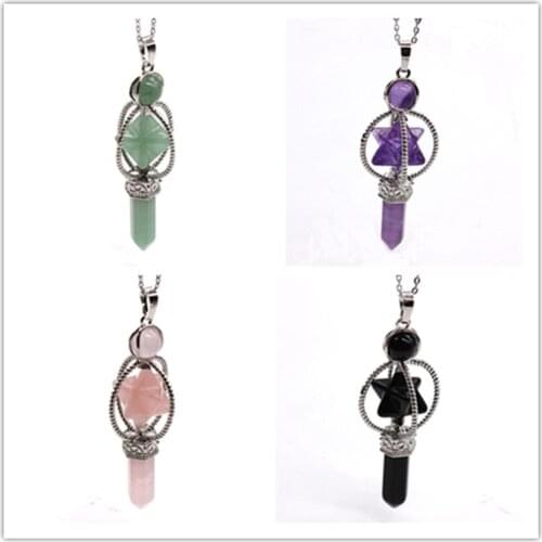 100-Unique Silver Plated Hexagon Column Merkaba Symbol Green Aventurine Pendant Clear Quartz Jewelry