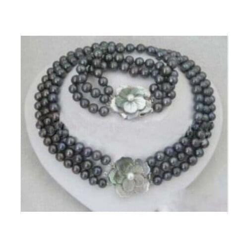 3 Rows Real Black Pearl Flower Clasp Necklace Bracele