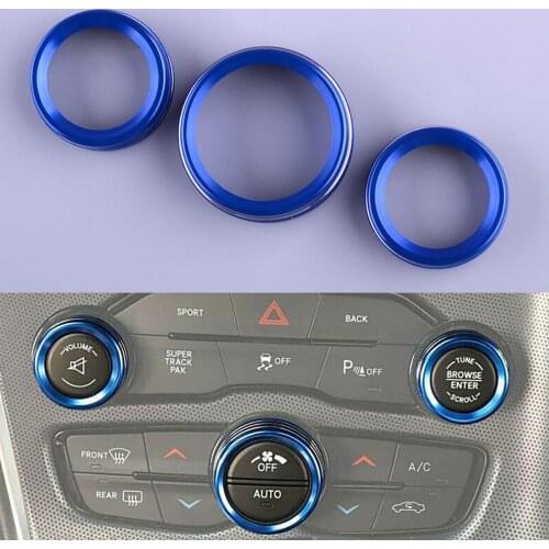 3Pcs Blue Car AC Radio Switch Knob Ring Trim Cover Aluminum Alloy Fit For Dodge Challenger 2015 2016 2017 2018 2019