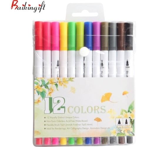 Baikingift 12Colors Art Marker FineLiner Drawing Painting Watercolor Art Marker Pens Dual Tip Brush Pen School Supplies