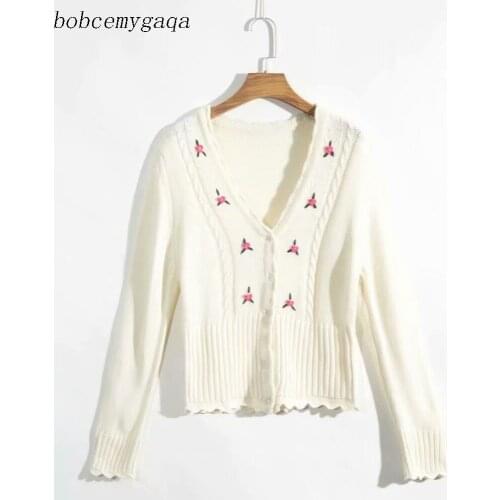 White Embroidery Cardigan Sweater Women Button Up V Neck Long Sleeve Floral Short Sweater High Waist Knitted Cardigan