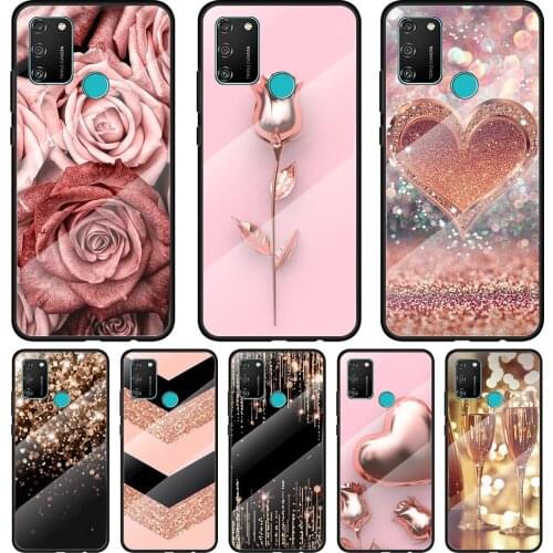 Love Rose Gold Style Tempered Glass Cover For Honor 30 20 10 9X 8X Pro Plus Lite Silicone Phone Case Coque