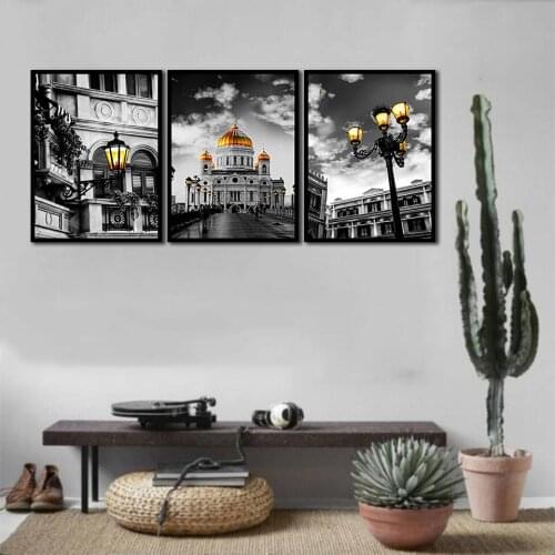 Black and white european and american architecture Nordic Style Wall Art Canvas Print Painting Modern Living Room Decor Picture