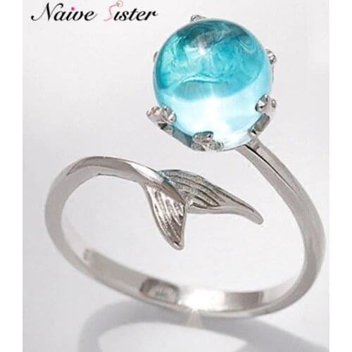Silver Color Fishtail Blue Gem Crystal Mermaid Bubble Open Rings For Women Creative Fashion Party Birthday Gift Jewelry Anillo