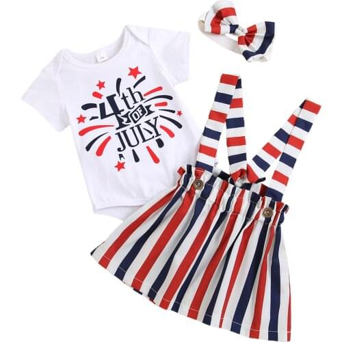 3Pcs Baby Girls Outfits Set Letter Print Short Sleeve Romper + Striped Suspender Skirt+ Headband for Newborn Baby 0-18 Months