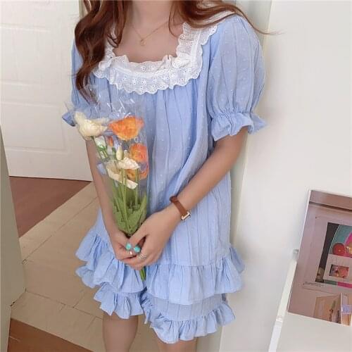 Summer Women Pajamas Set Ladies Shorts Set Sweet Ruffles short sleeve 100% Cotton Square Collar Homewear Dot Lace Sleepwear L091
