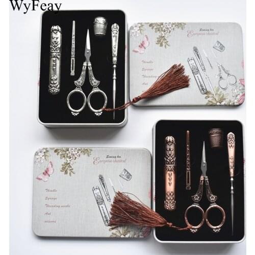 Metal Box Retro Vintage Scissors Needle Case Awl Threader Thimble Cross Stitch Embroidery Sewing Scissors Sewing Tailor Scissors