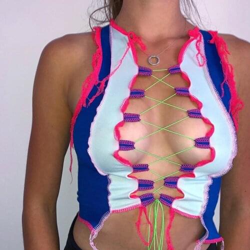 Fashion Patchwork Lace Up Women Tie Front Top Sleeveless Fashion Clubwear Party Sexy Tanks Hollow Out Bodycon Skinny Crop Tops