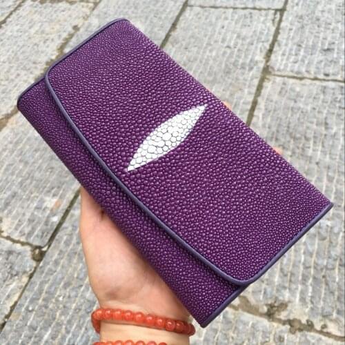 Authentic Stingray Skin Lady Long Purple Trifold Card Wallet Genuine Leather Womens Large Phone Clutch Purse Female Money Bag